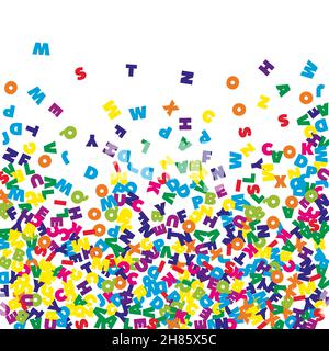 Falling letters of English language. Colorful flying words of Latin alphabet. Foreign languages study concept. Actual back to school banner on white background. Stock Vector