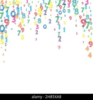 Falling colorful orderly numbers. Math study concept with flying digits. Unusual back to school mathematics banner on white background. Falling numbers vector illustration. Stock Vector