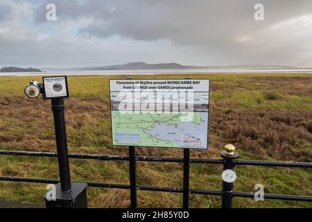 07.11.2021 Grange Over Sands, Cumbria, UK. View to arnside Knor across the bay with a sign saying Morecambe Skyline Stock Photo
