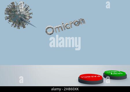 3D rendering of the omicron variant in a doomsday scene with a calm button and a panic button. It is unknown which it will hit Stock Photo