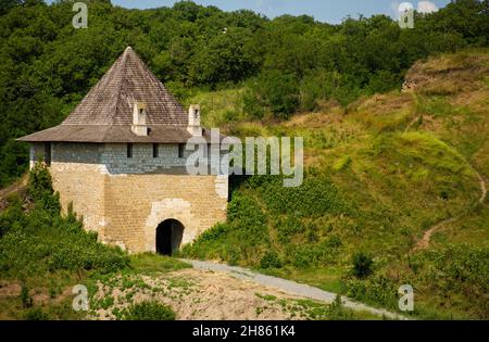 Old medieval castle against the backdrop of a green field in summer Stock Photo