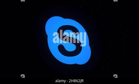 Abstract animation of plexus network from Skype app icon on black background with flowing colorful particles. Social Networks app icons, technology, s Stock Photo