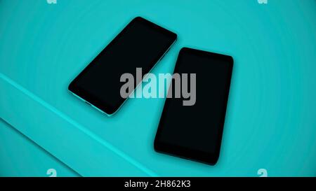 Abstract animation of new luxury smartphones with fingerprint scanner lying on the colorful surface. Biometric protection of smartphone Stock Photo