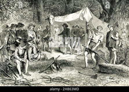 Jamestown, Virginia, was the first permanent English settlement in America. It was founded on May 13, 1607. This late 1890 illustration shows the settlers on the first day there—according to what was known and understood about the colony in the late 1800s. Stock Photo
