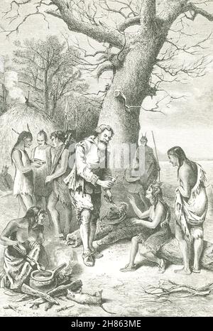 The caption for this 1890 illustration reads: Captain Smith amuses Pocahontas with toys. English Captain John Smith guided the colonists through difficult times in the Jamestown settlement of 1607. Tradition (not authenticated) says that Pocahontas saved him from death at the hands of Native Americans. Pocahontas, c. 1595–1617, was the daughter of American Indian chief Powhatan. Stock Photo