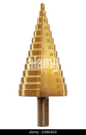 Conical step drill for drilling holes of different diameters, isolated on white background Stock Photo