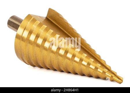 Conical step drill for drilling holes of different diameters, isolated on white background Stock Photo