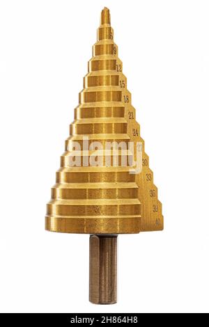 Conical step drill for drilling holes of different diameters, isolated on white background Stock Photo