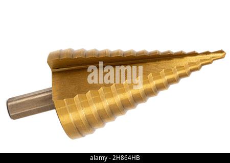 Conical step drill for drilling holes of different diameters, isolated on white background Stock Photo