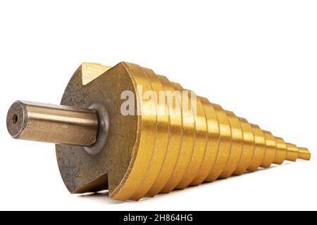 Conical step drill for drilling holes of different diameters, isolated on white background Stock Photo