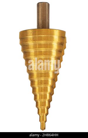 Conical step drill for drilling holes of different diameters, isolated on white background Stock Photo