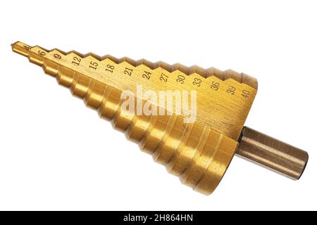 Conical step drill for drilling holes of different diameters, isolated on white background Stock Photo