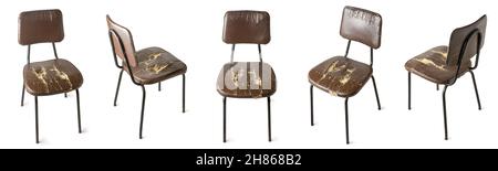 old damaged chair, worn, broken and dirty leather in different angles, collection of used furniture on white background Stock Photo