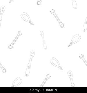 Pattern of flat key ratchet and pliers, just a wrench classic shape. Linear design. On a white background. Tools for any specialist. Flat vector Stock Vector