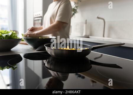 Frying pan with vegetable meal on induction cooker close up Stock Photo