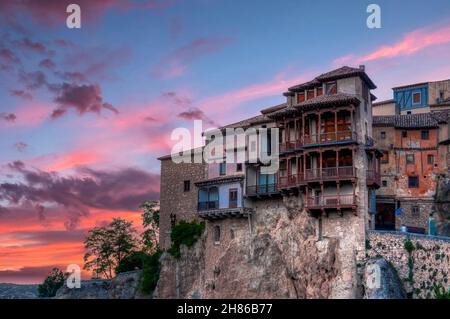 Hanging houses of Cuenca at sunset in Castilla la Mancha, Spain. Stock Photo