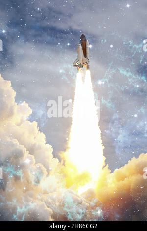 Space shuttle taking , Spaceship lift off with blast and smoke on the background of the blue planet earth and sunset.Elements of this image furnished Stock Photo