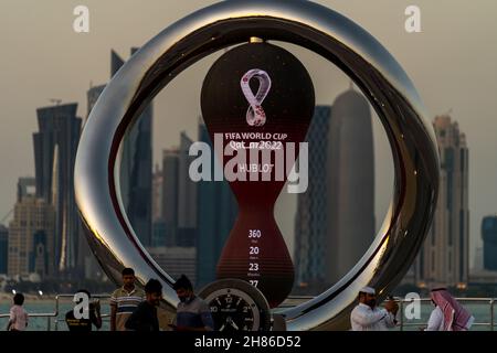 Qatar 2022 World Cup mascot and countdown clock on Doha waterfront