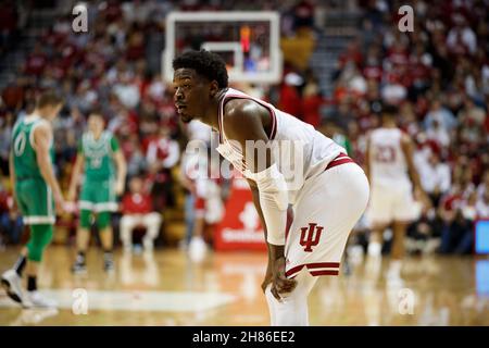 BLOOMINGTON, UNITED STATES - 2021/11/27: Indiana Hoosiers guard Xavier Johnson (0) plays against Marshalll during an NCAA basketball game on November 27, 2021 in Bloomington, Ind. IU beat Marshall 90-79. Stock Photo