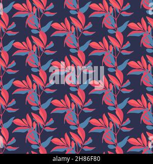 Vector floral seamless pattern. Sky blue and coral colored twigs and leaves isolated on a dark blue background.  Stock Vector