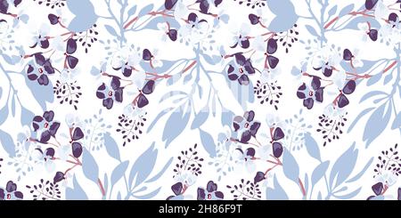 Vector floral seamless widescreen pattern. Lilac flowers with brown twigs and blue leaves on a white.  Stock Vector