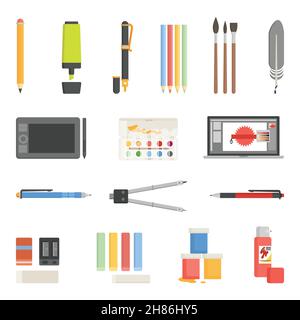 Design and drawing tools icons set, cartoon style