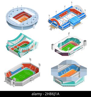 Sport stadium isometric icons set with football and hockey stadiums isolated vector illustration Stock Vector