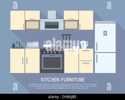 Kitchen interior design with furniture equipment and utensils flat vector illustration Stock Vector
