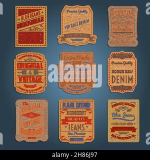Original vintage blue raw jeans genuine leather exclusive brands classic decorative labels collection abstract isolated vector illustration Stock Vector