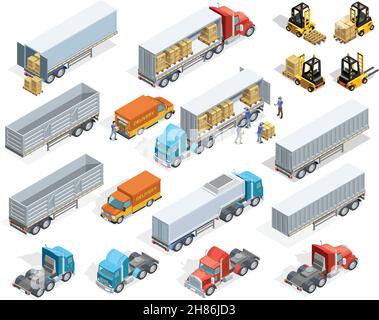 Transportation isometric elements set with loaded and empty trucks trailers boxes forklifts and workers isolated vector illustration Stock Vector