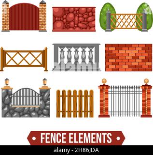 Fence design elements set with stone wooden metal marble units flat isolated vector illustration Stock Vector