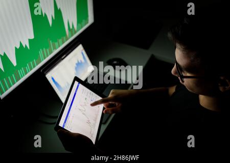 Crypto trader investor analyst looking at screen analyzing financial graph data on pc monitor, thinking of online stock exchange market investment . Stock Photo