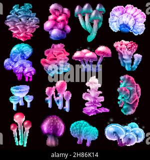 Colorful magic mushrooms of different shape with sparkles, bubbles, droplets, collection on black background isolated vector illustration Stock Vector