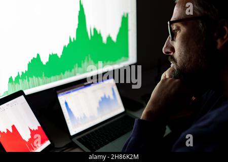 Crypto trader investor analyst looking at screen analyzing financial graph data on pc monitor, online stock exchange market ,over shoulder view.  Stock Photo