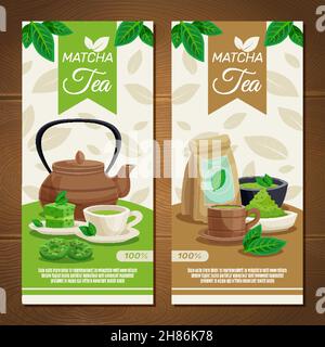 Japanese tea ceremony 2 vertical banners set with  green matcha powder dessert and teapot isolated vector illustration Stock Vector