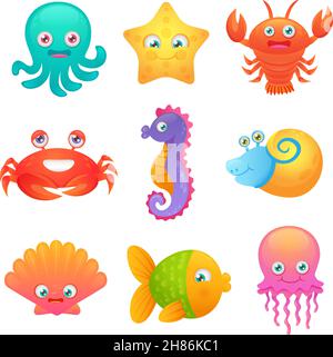 Cute sea life creatures cartoon animals set with fish octopus jellyfish isolated vector illustration Stock Vector