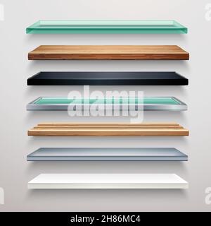 Realistic metal glass wood and plastic bookstore shelves set isolated vector illustration Stock Vector