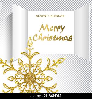 Christmas advent calendar doors open with golden letters. big golden snowflake and an open wide window on transparent background. Template for Christm Stock Vector