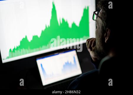 Crypto trader investor analyst looking at computer screen , thinking of online stock exchange market trading investment global risks. Stock Photo