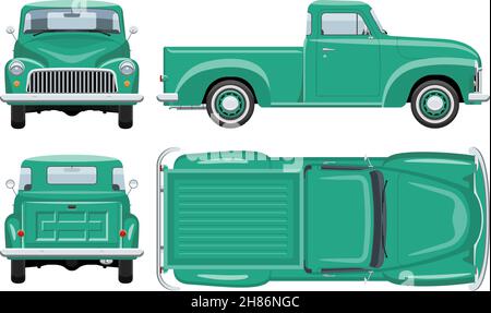 Vintage pickup truck vector template with simple colors without gradients and effects. View from side, front, back, and top Stock Vector