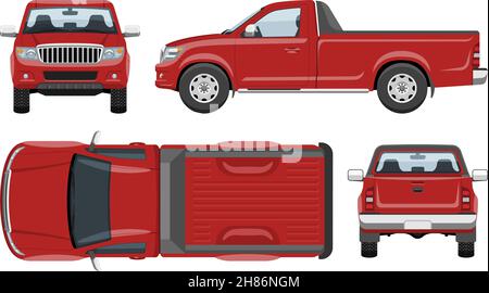 Red pickup truck vector template with simple colors without gradients and effects. View from side, front, back, and top Stock Vector