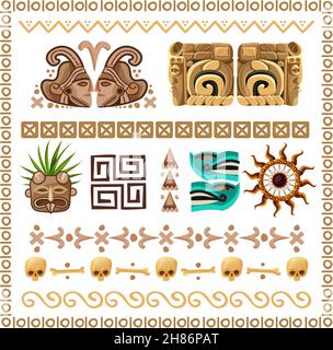 Colored cartoon set of ornaments patterns and  decorative elements on ancient mayan culture theme vector illustration Stock Vector