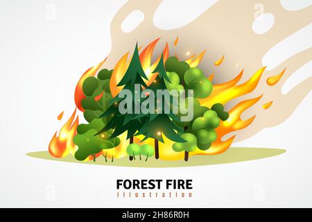 Natural disasters cartoon design concept illustrated green coniferous and deciduous trees in forest on raging fire vector illustration Stock Vector