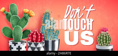 Blooming cacti varieties in ornamental black white pots against trendy coral background realistic horizontal poster vector illustration Stock Vector