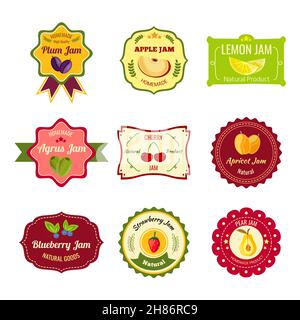 Natural jam colorful labels for homemade products of different fruit with laurel leaves stars isolated vector illustration Stock Vector