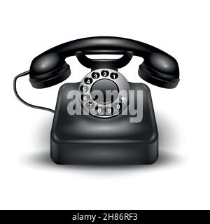 Black realistic retro dial phone wired and landline isolated and with shadows vector illustration Stock Vector