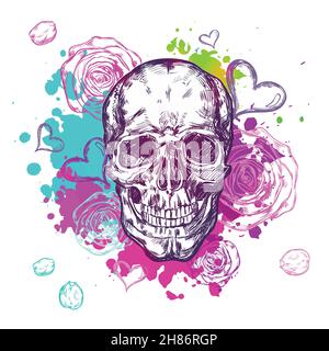 Skull cow boho composition with hand drawn doodles hearts and watercolor paints vector illustration Stock Vector