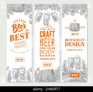 Brewing vertical banners with beer products glasses mugs barrels and hops in engraving style vector illustration Stock Vector