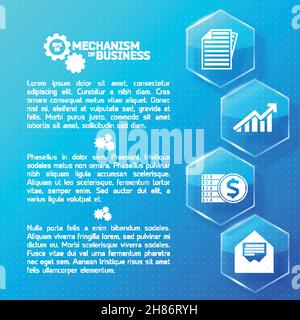 Abstract business infographics with text glass light hexagons and white icons on blue dotted background vector illustration Stock Vector
