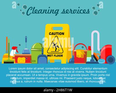 Flat cleaning service template with household equipment tools and wet floor caution sign vector illustration Stock Vector